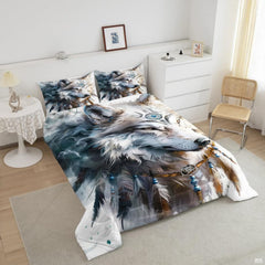 Angled view of calm white-gray wolf artwork with teal mist and hanging charms
