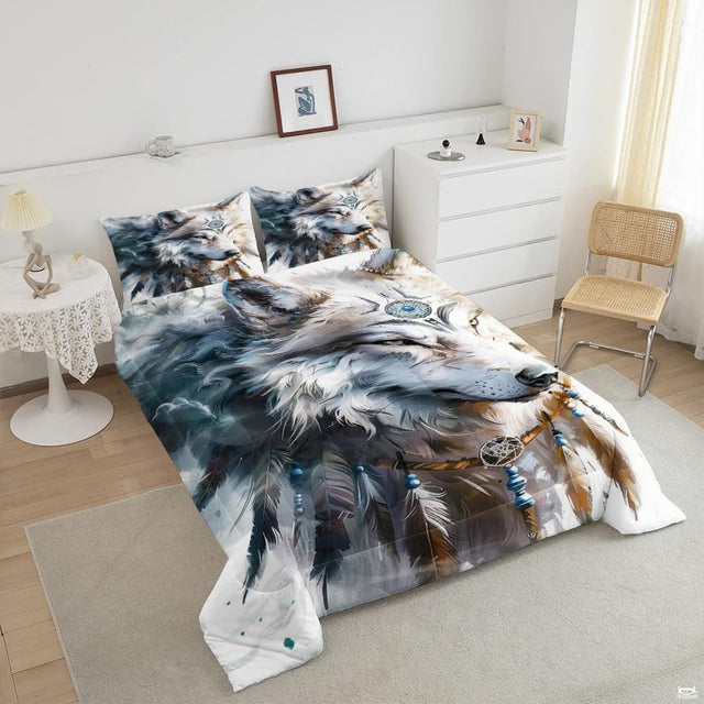 Angled view of calm white-gray wolf artwork with teal mist and hanging charms