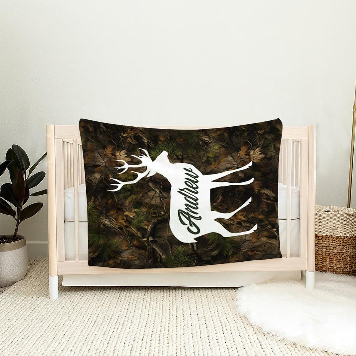 Rustic hunter bedding set displayed across a wooden lodge bed against thematic accent cabin bedroom walls