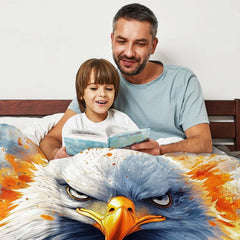 Decorative bedroom view showing fierce eagle bedding set with dramatic thematic accent color splash effects.
