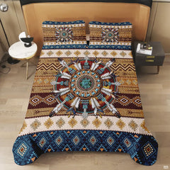 Full bedroom display of southwestern dreamcatcher bedding styled with natural timber and artisan accents