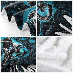 Detailed angle of grunge tire tread prints and industrial motorcycle gear art on motocross bedding.