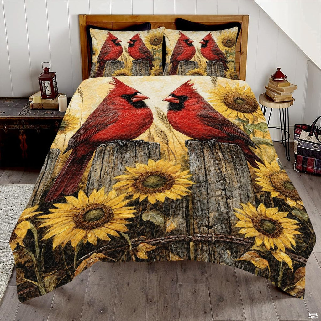 Golden sunflower cardinal songbird botanical bedding set displayed neatly on a bed in a rustic cottage bedroom