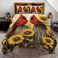 Golden sunflower cardinal songbird botanical bedding set displayed neatly on a bed in a rustic cottage bedroom