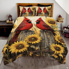 Golden sunflower cardinal songbird botanical bedding set displayed neatly on a bed in a rustic cottage bedroom