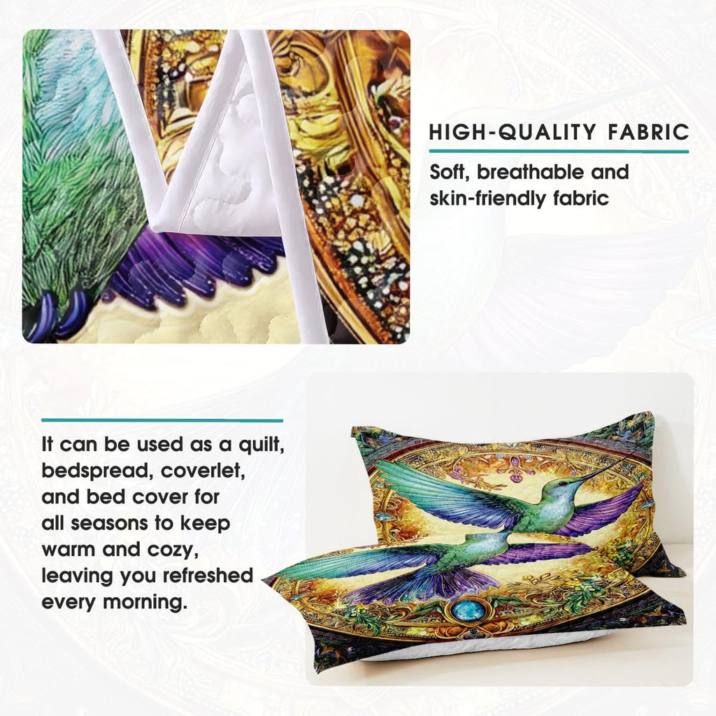 Hummingbird bedding artwork with teal, purple, and gold decorative details