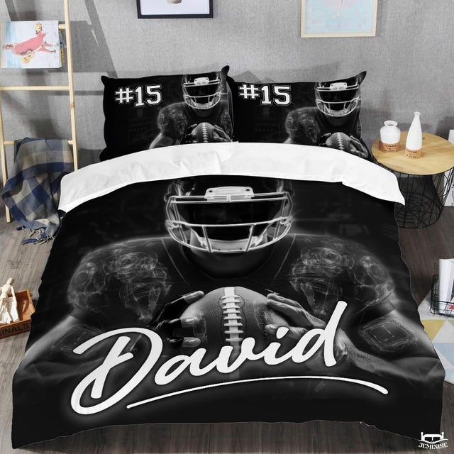 Custom Football Player Holding Ball Close Up Comforter with Football Helmet