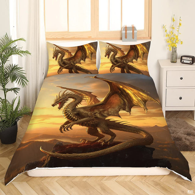 Golden dragon bedding displaying majestic wyvern perched on rocky mountain precipice against glowing sunset sky
