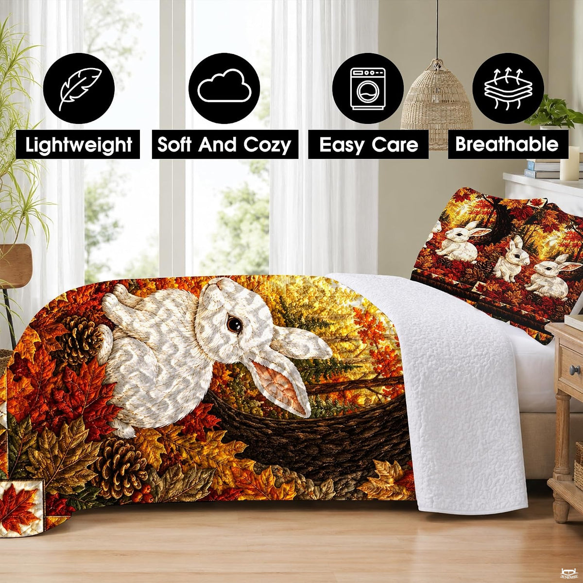 Matching pillow shams displaying white bunnies in an autumn forest on a bedding set