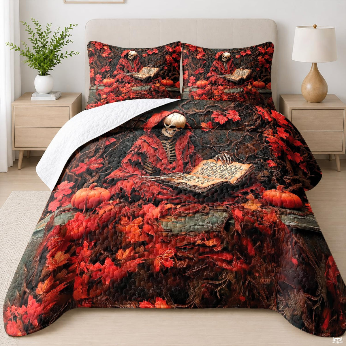Personalized Witch Quilt Set, Autumn Forest Bedding with Beautiful Witch Design, Lightweight Bedspread for Halloween & Fall Bedroom Decor (#02)
