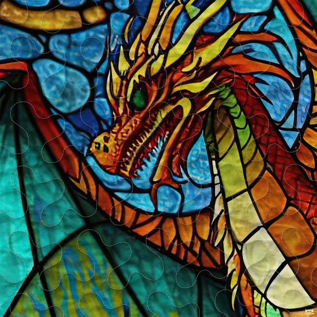 Close-up of orange dragon with golden horns and green eye in mosaic artwork