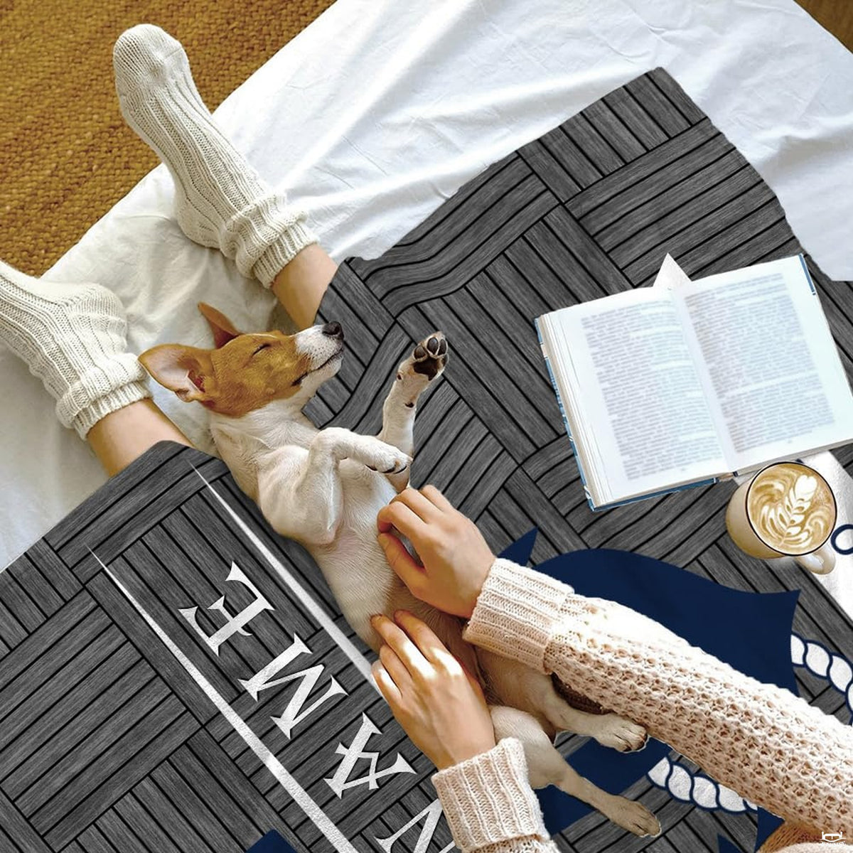 Nautical anchor rustic wood throw blanket view 4 highlighting navy anchor, rope trim, and wood textures