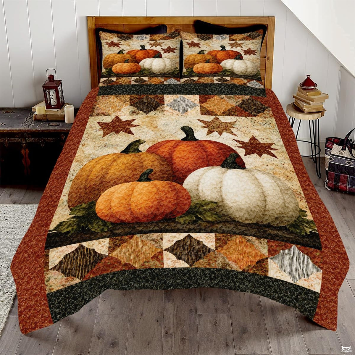 Rustic harvest pumpkin and autumn leaf bedding set featuring orange pumpkins and maple leaves in charming patchwork tiles.