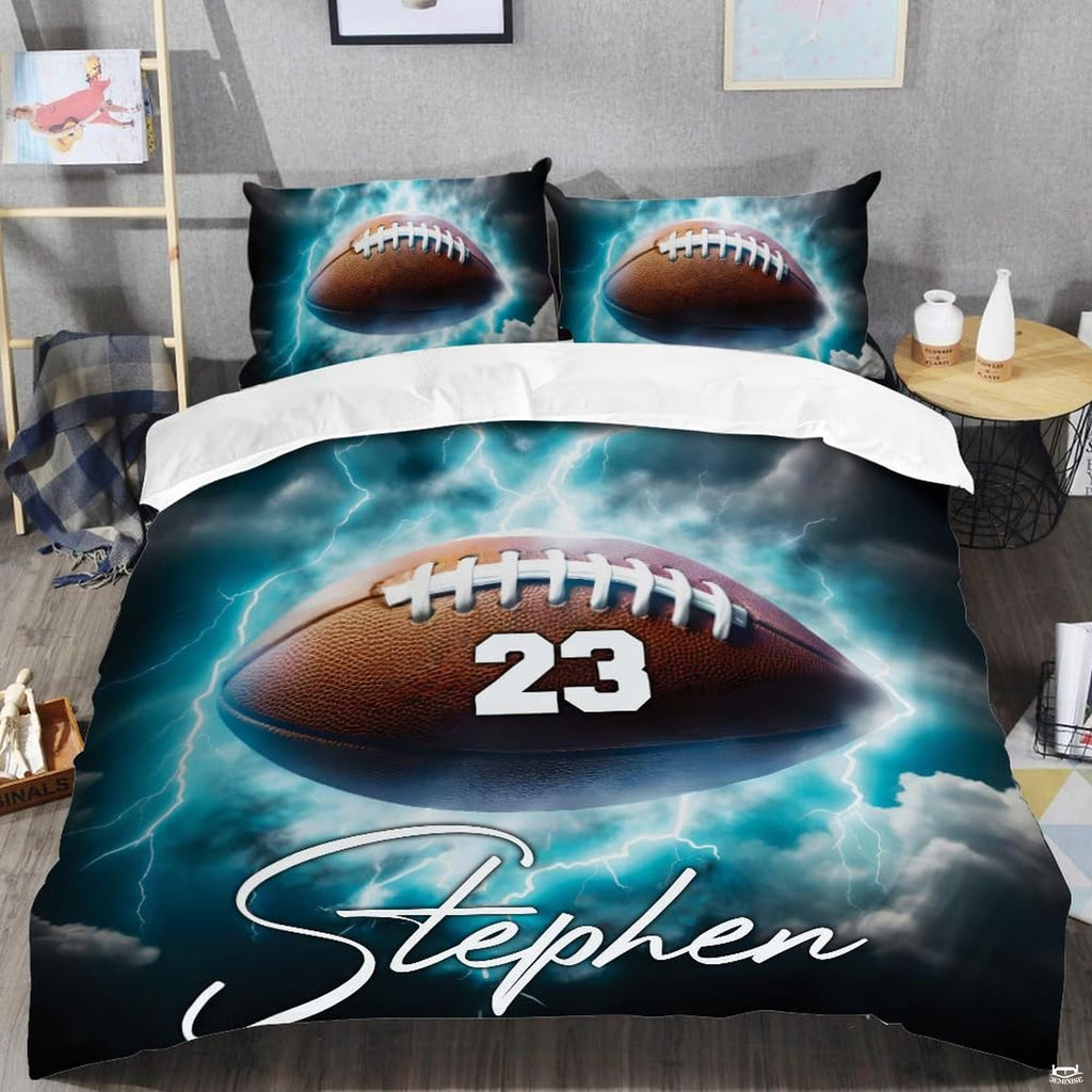 Close-up perspective of football bedding detailing bright cyan electrical arcs, white lacing, and storm cloud background
