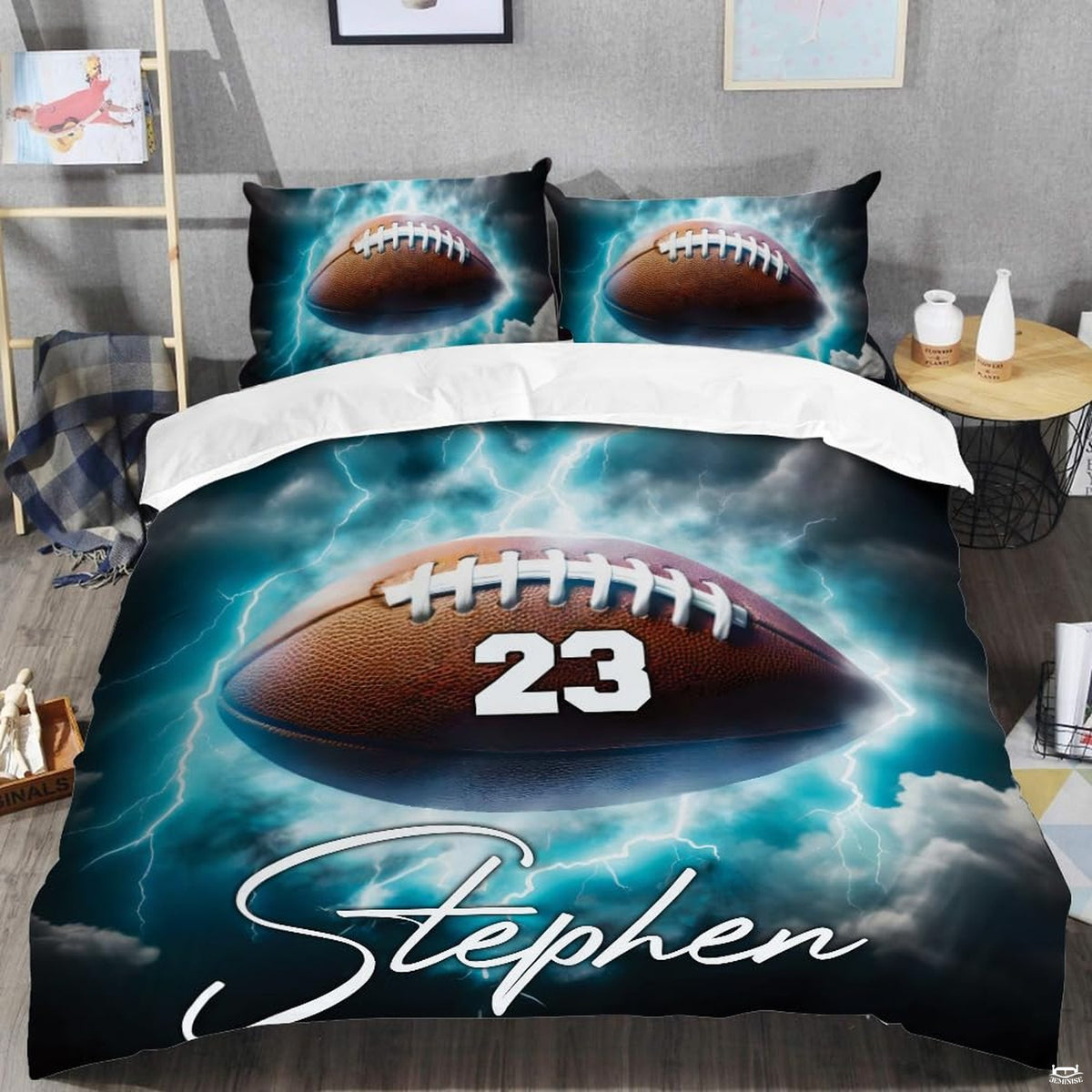 Close-up perspective of football bedding detailing bright cyan electrical arcs, white lacing, and storm cloud background