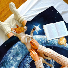 Celestial crescent moon blue fantasy dragon blanket showing mythical winged dragon and lunar crescent view 5