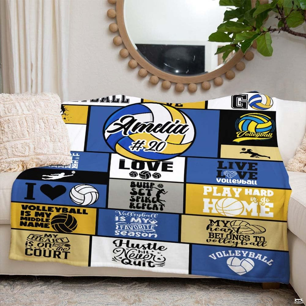 Volleyball typography sports throw blanket view 6 detailing geometric graphic panels and player silhouettes