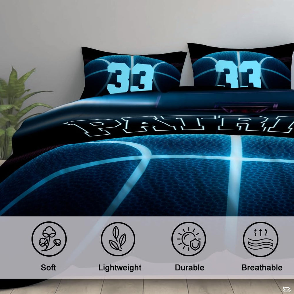 Corner fold view of basketball bedding highlighting vivid neon cyan printing against deep black background