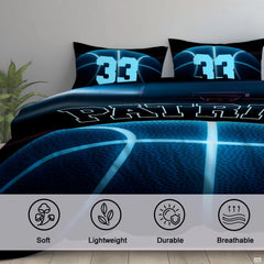 Corner fold view of basketball bedding highlighting vivid neon cyan printing against deep black background