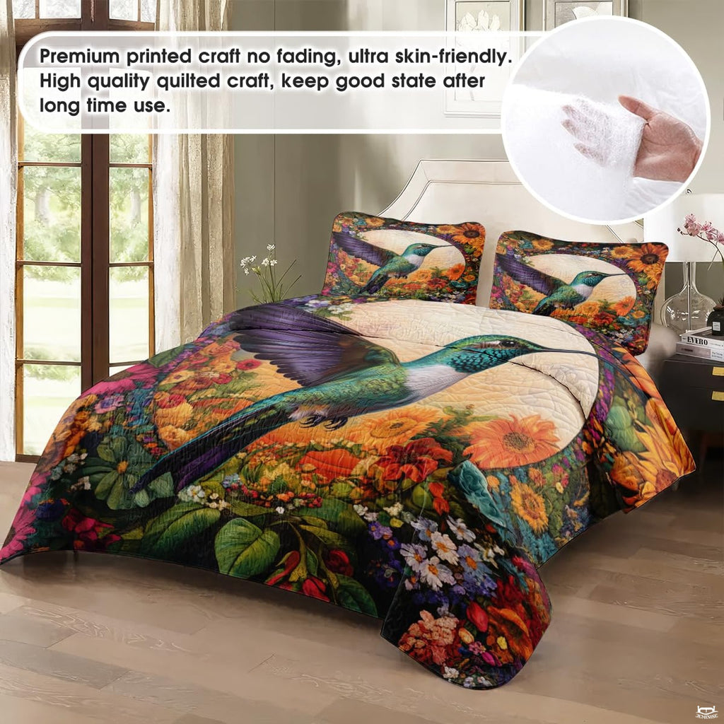 Staged bedroom with teal hummingbird and multicolor floral artwork