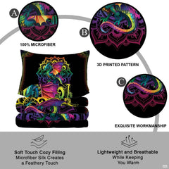 Dramatic bedroom styling of dragon mandala bedding set arranged on a contemporary bed frame with ambient lighting.
