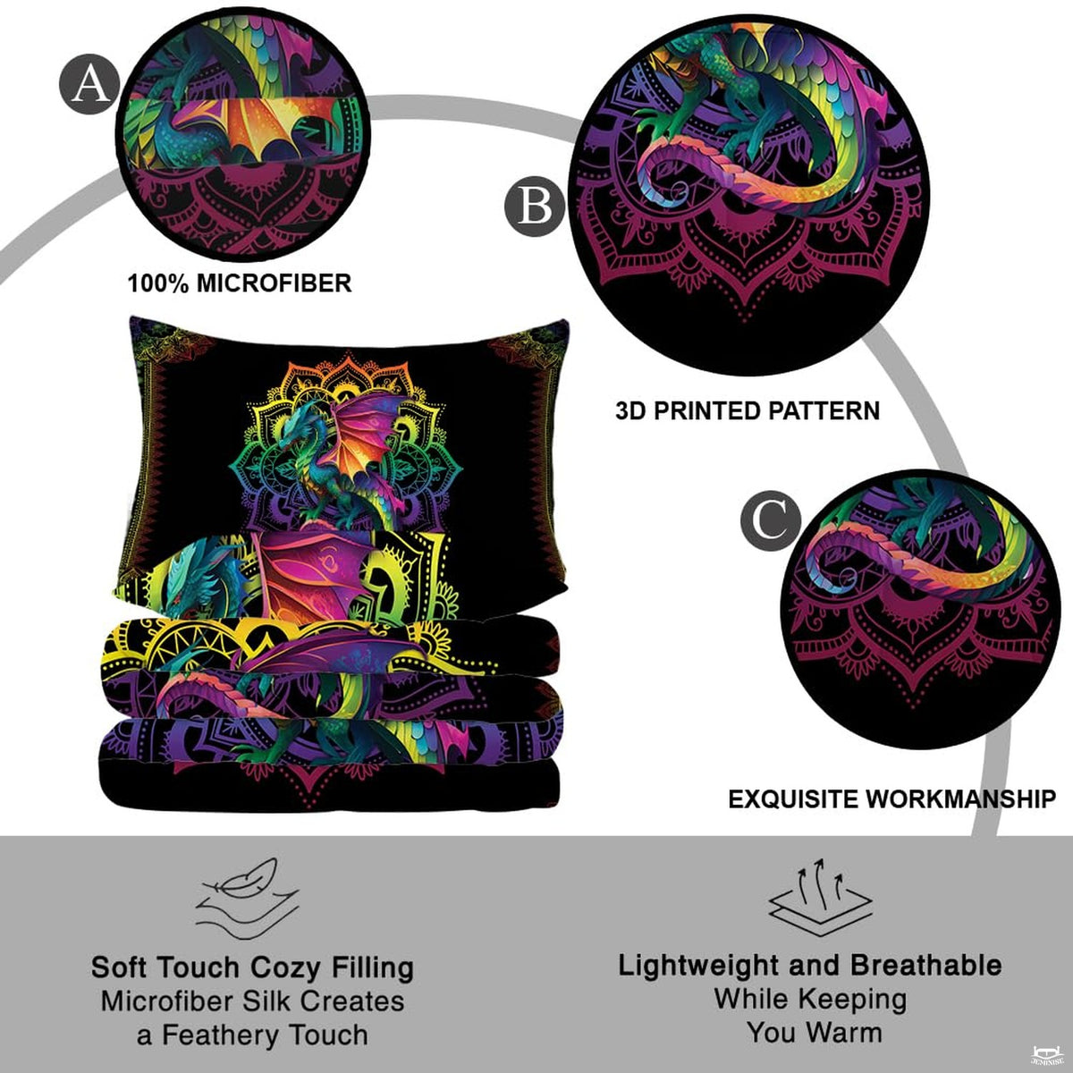Dramatic bedroom styling of dragon mandala bedding set arranged on a contemporary bed frame with ambient lighting.