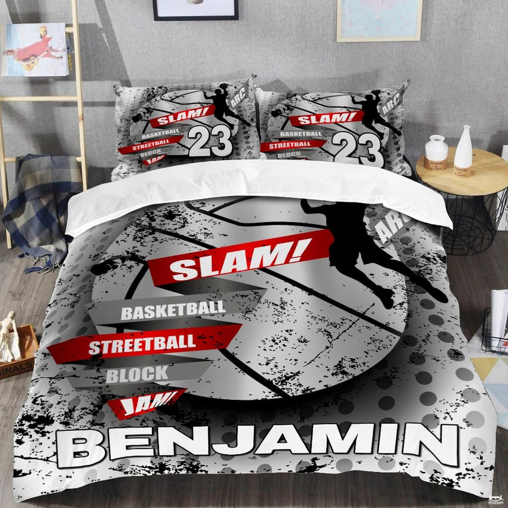 Close-up perspective of basketball bedding showing detailed halftone dot patterns and SLAM banner printing