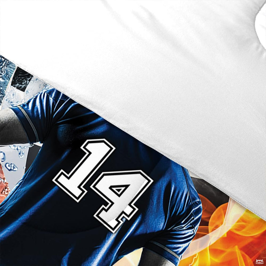 Side angle view of navy and coral soccer bedding styled with athletic room accents and furniture