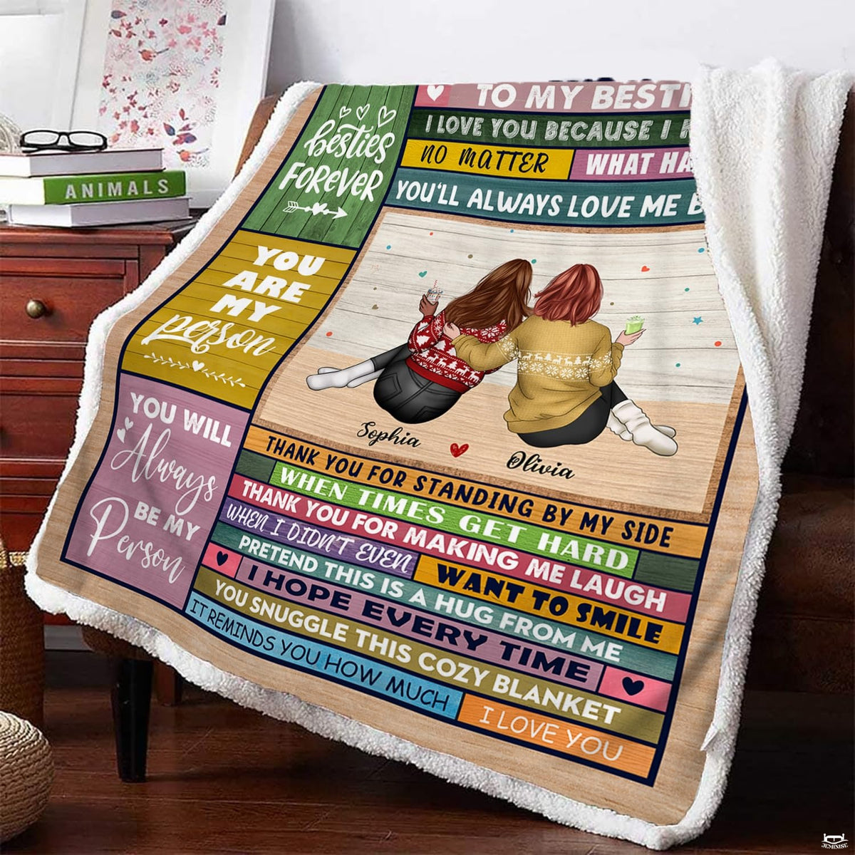 Lifestyle interior setup displaying rustic companion graphic draped across a living room armchair seat.