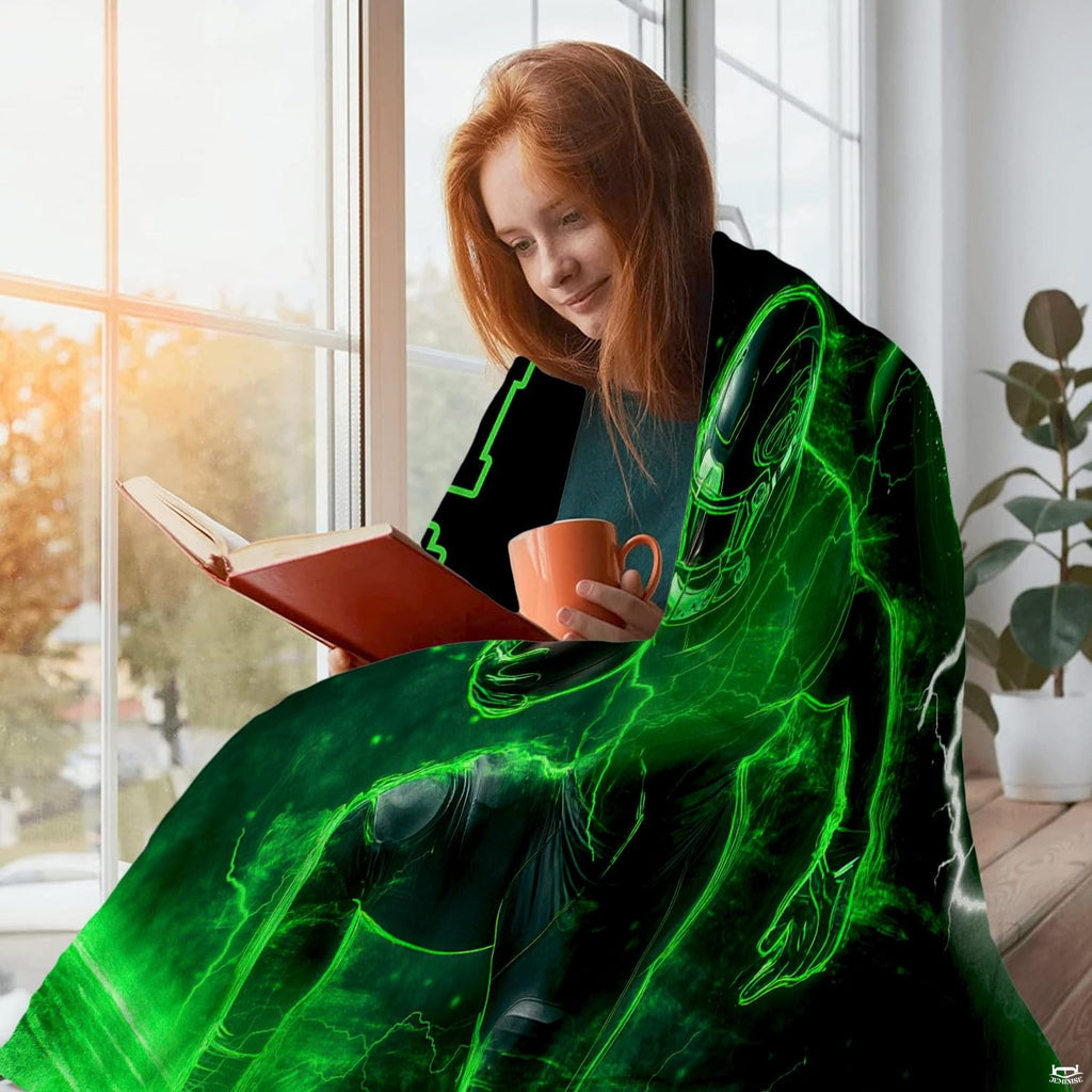 Neon green football throw blanket view 5 highlighting laser outline player, electric lightning, and glowing gridiron