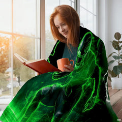 Neon green football throw blanket view 5 highlighting laser outline player, electric lightning, and glowing gridiron