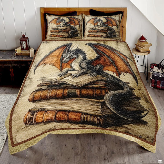 Gray dragon leaning over an open book on stacked volumes
