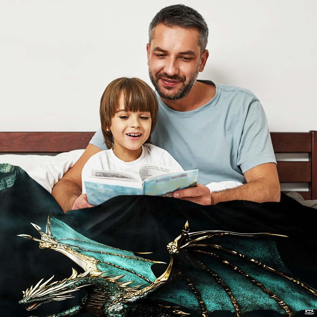 Neatly folded teal dragon throw blanket displaying clean stitched hems and compact presentation.