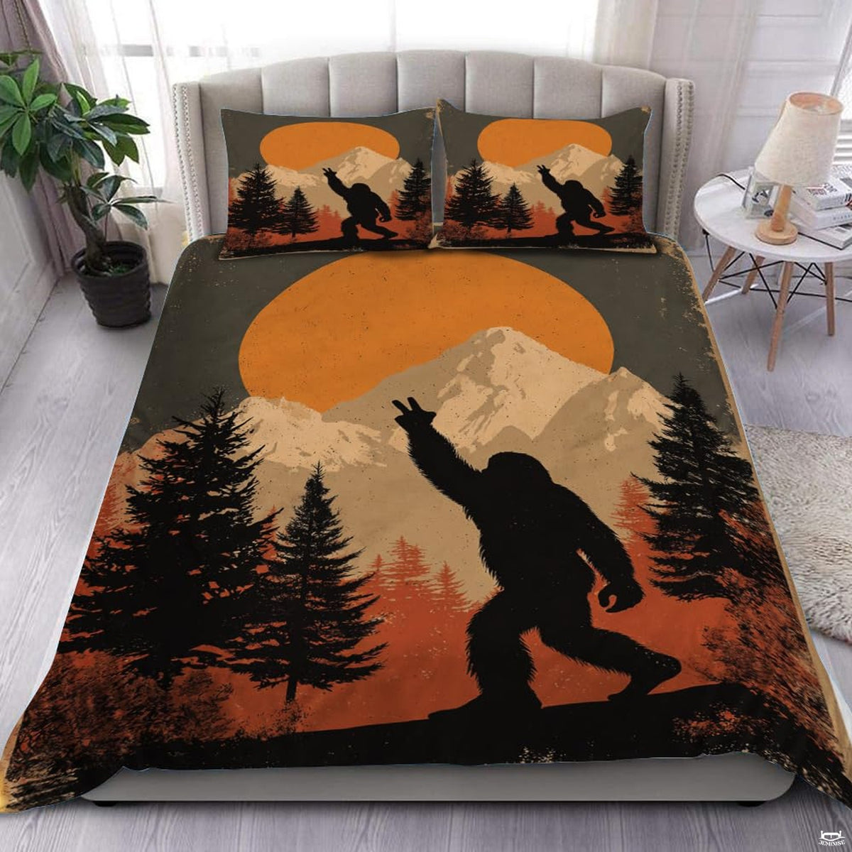Retro sunset bigfoot silhouette bedding set showing a cryptid sasquatch walking across vintage striped horizon hues.