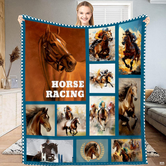 Thoroughbred equestrian horse racing collage blanket showing derby racers and stallion portraits view 1