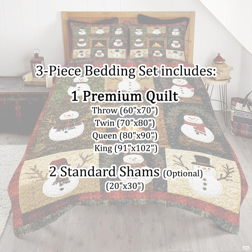 Full bedroom display of golden star snowman bedding styled with festive seasonal winter room accents