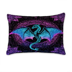 Pillow sham with turquoise winged dragon in an ornate purple frame
