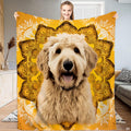 Golden doodle dog sunflower mandala yellow blanket held upright by model
