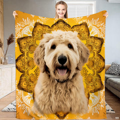 Golden doodle dog sunflower mandala yellow blanket held upright by model