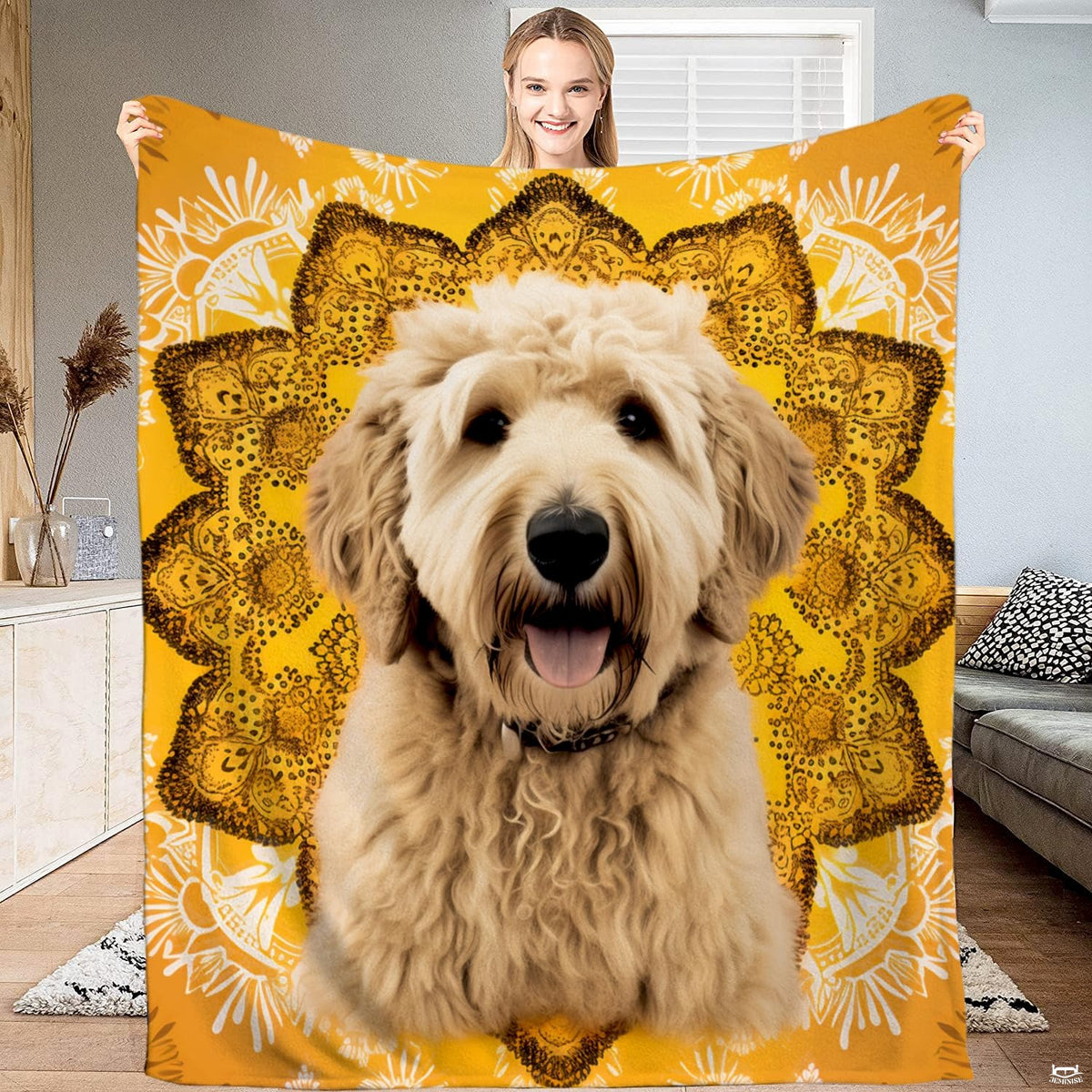 Golden doodle dog sunflower mandala yellow blanket held upright by model