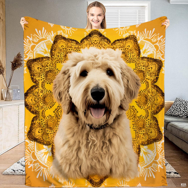 Golden doodle dog sunflower mandala yellow blanket held upright by model