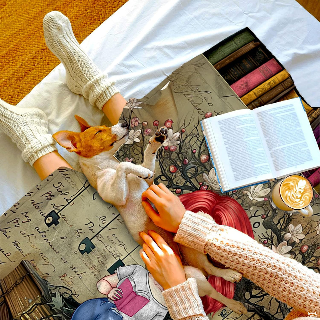 Draped perspective of reader girl throw blanket highlighting colorful book spine borders.