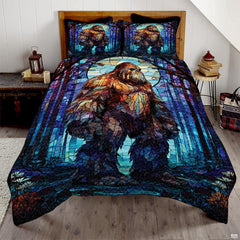 Twilight pine Bigfoot Sasquatch woodland bedding set displayed on a bed in a rustic mountain lodge