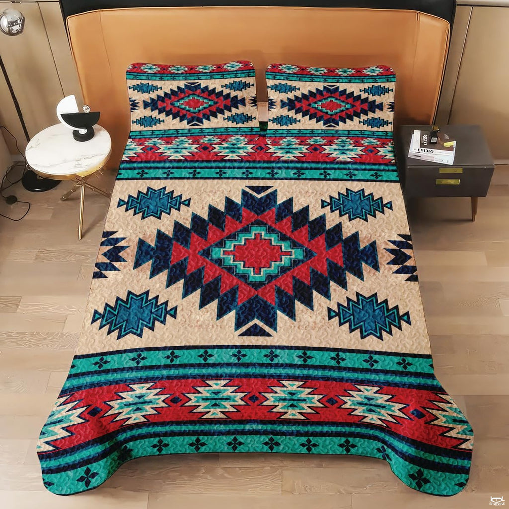 Overhead view of Southwestern stepped diamond medallion and rustic bohemian bedding design.