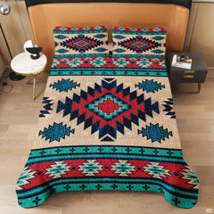 Overhead view of Southwestern stepped diamond medallion and rustic bohemian bedding design.