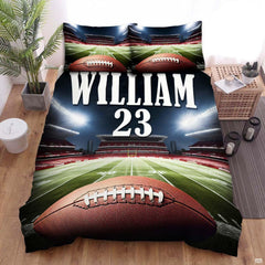 Night arena football field bedding display showing glowing stadium lights and turf yard markings.