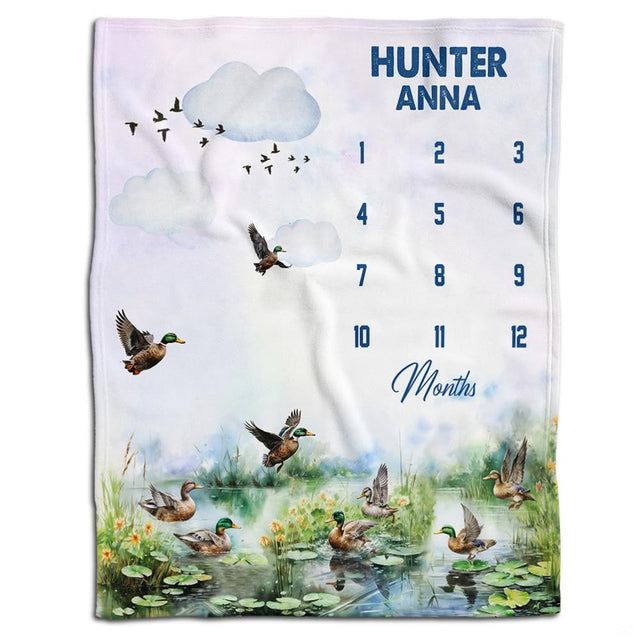 Mallard duck milestone blanket displayed flat showing waterfowl pond illustration and numbered tracking markers