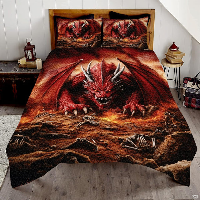 Fierce red horned dragon over a scorched landscape with bones