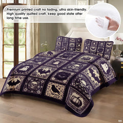 Close view of purple gothic bedding displaying detailed framed illustrations of crows, crescent moons, and skulls.