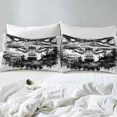 Close pillows with wolf face merged into snowy peaks and evergreen forest